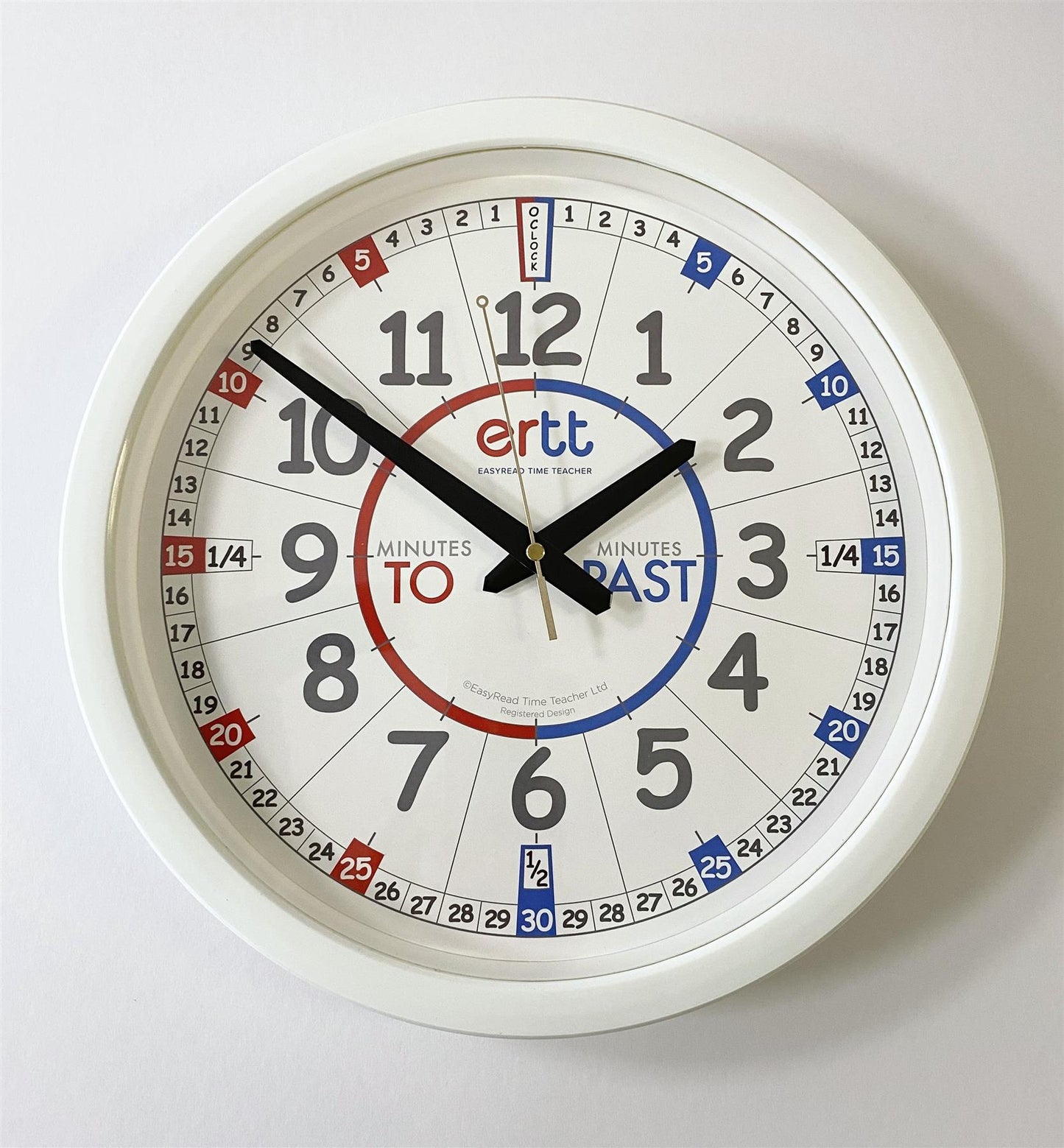EasyRead 35cm Classroom Clocks Past & To English Language (Red & Blue Face)