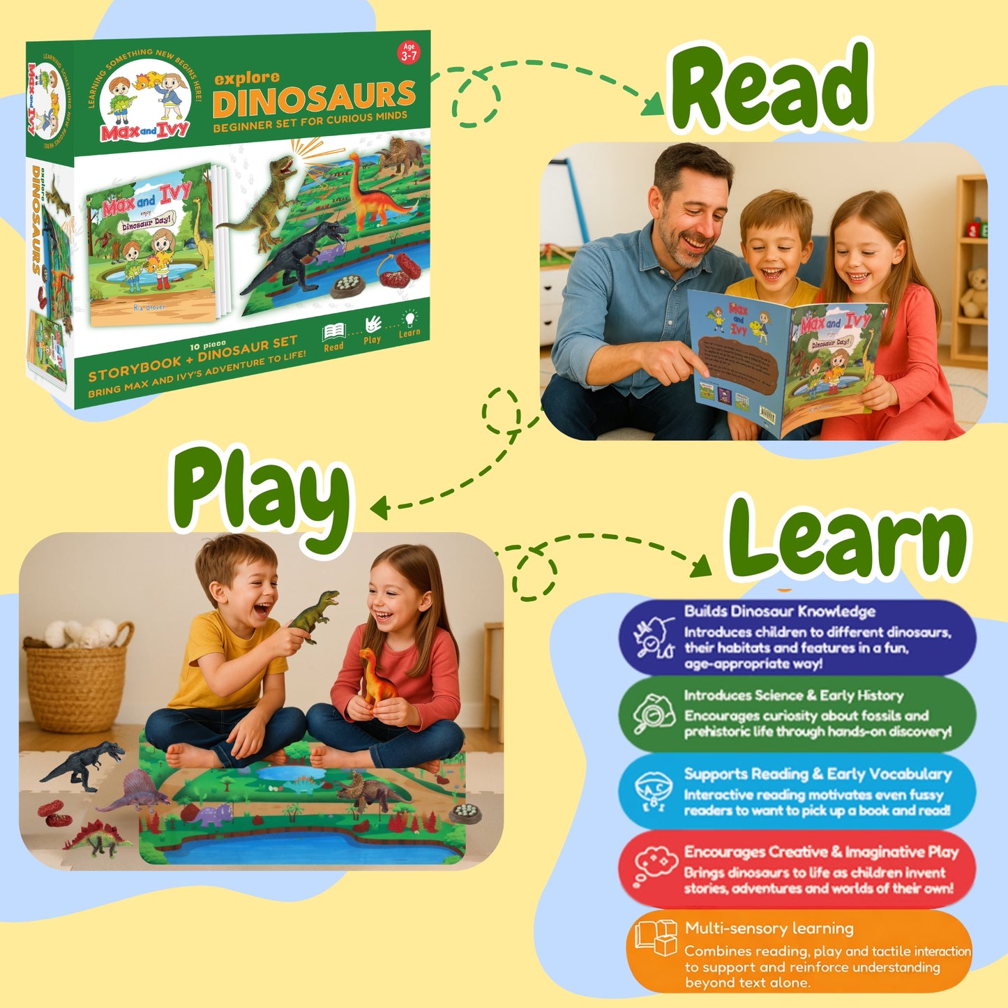 Max and Ivy Explore Dinosaurs – Read, Play, Learn Story and Dinosaur Figure Set