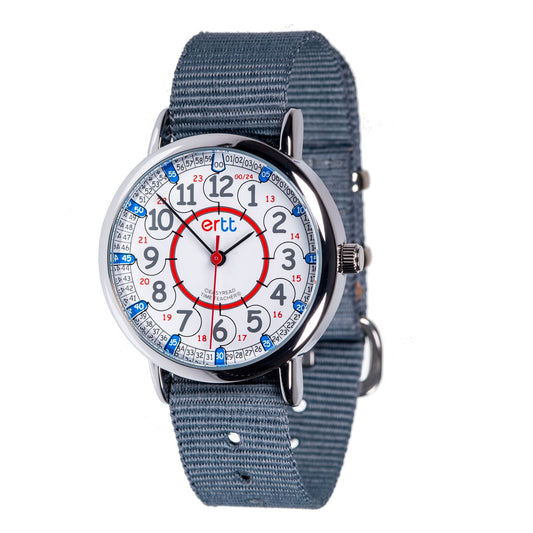 EasyRead Watch  Standard 12/24 Hour - Grey Strap (Red & Blue Face)