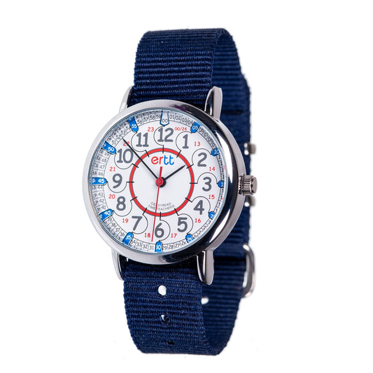 EasyRead Watch  Standard 12/24 Hour - Navy Blue Strap (Red & Blue Face)