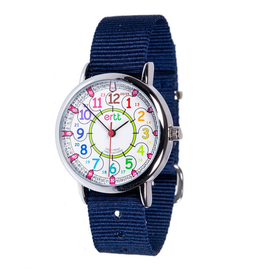 EasyRead Watch  Standard 12/24 Hour - Navy Blue Strap (Rainbow Face)