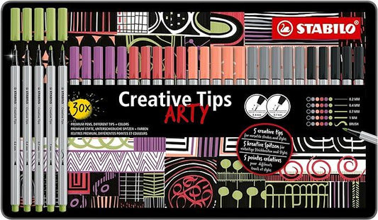 Multi-Tip Pen Set - STABILO Creative Tips - ARTY - Tin of 30 - PASTEL - Assorted Colours
