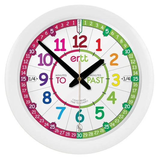 EasyRead 29cm Wall Clocks Past & To English Language (Rainbow Face) | The Dyslexia Shop