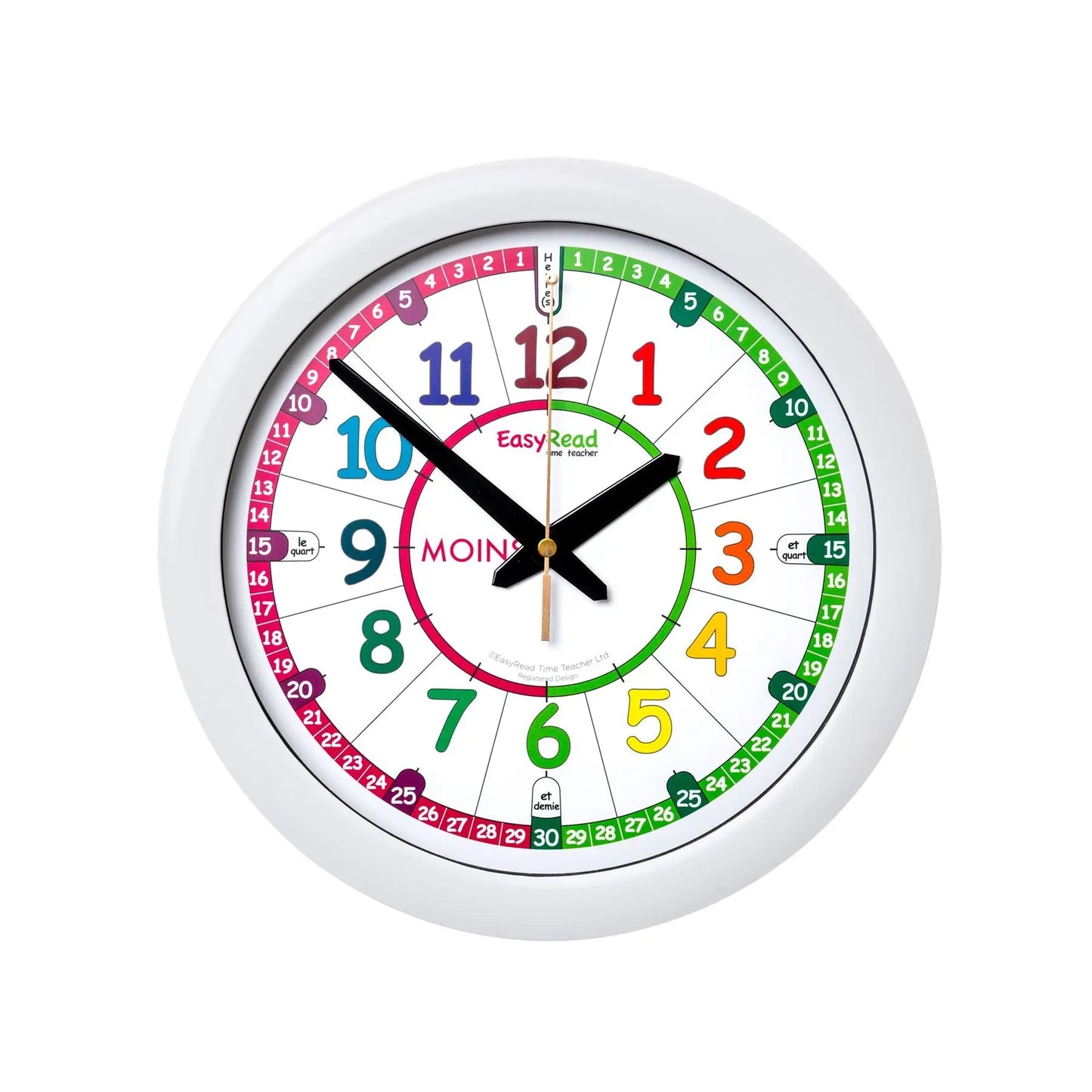EasyRead 29cm Wall Clocks Past & To French Language (Rainbow Face) | The Dyslexia Shop