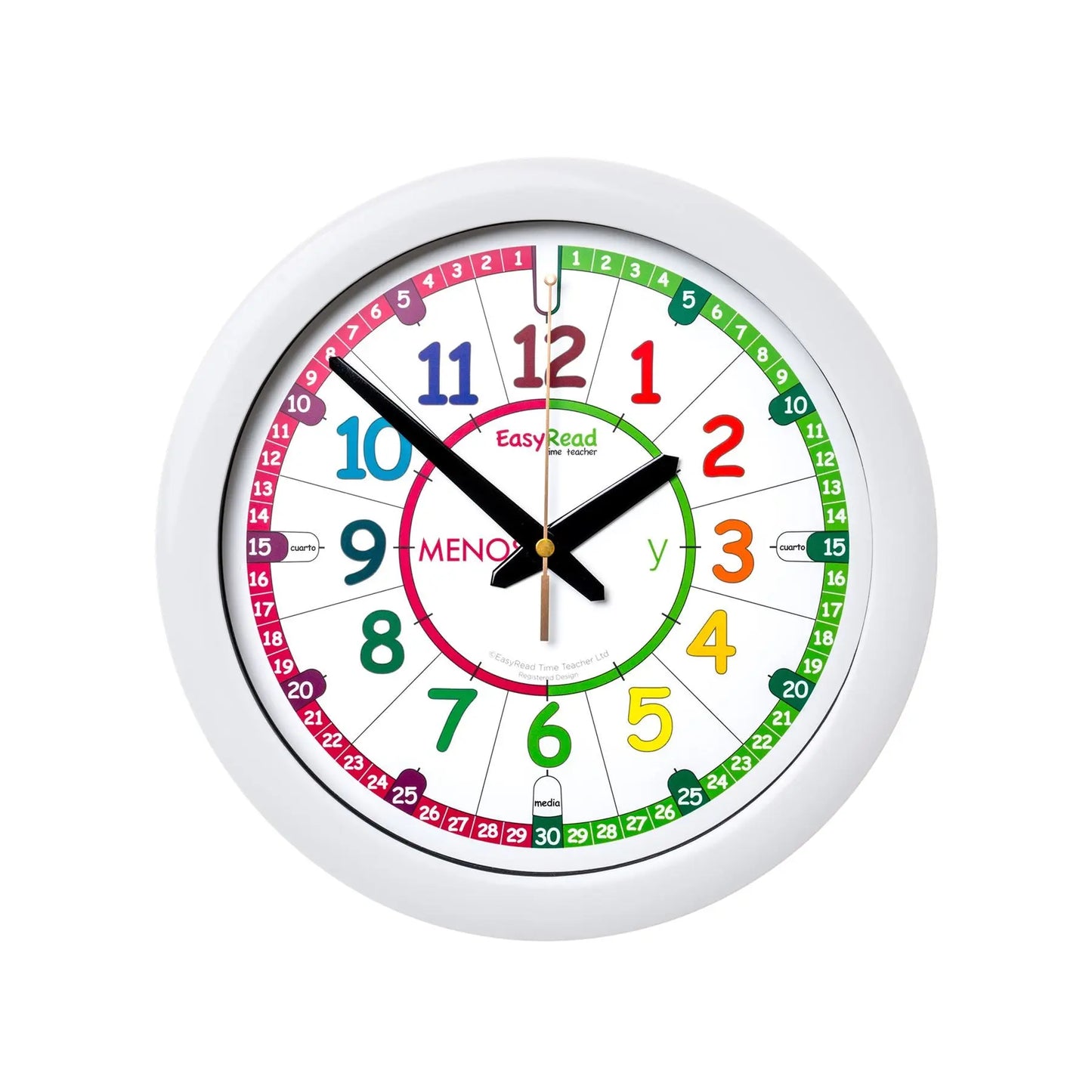 EasyRead 29cm Wall Clocks Past & To Spanish Language (Rainbow Face) | The Dyslexia Shop