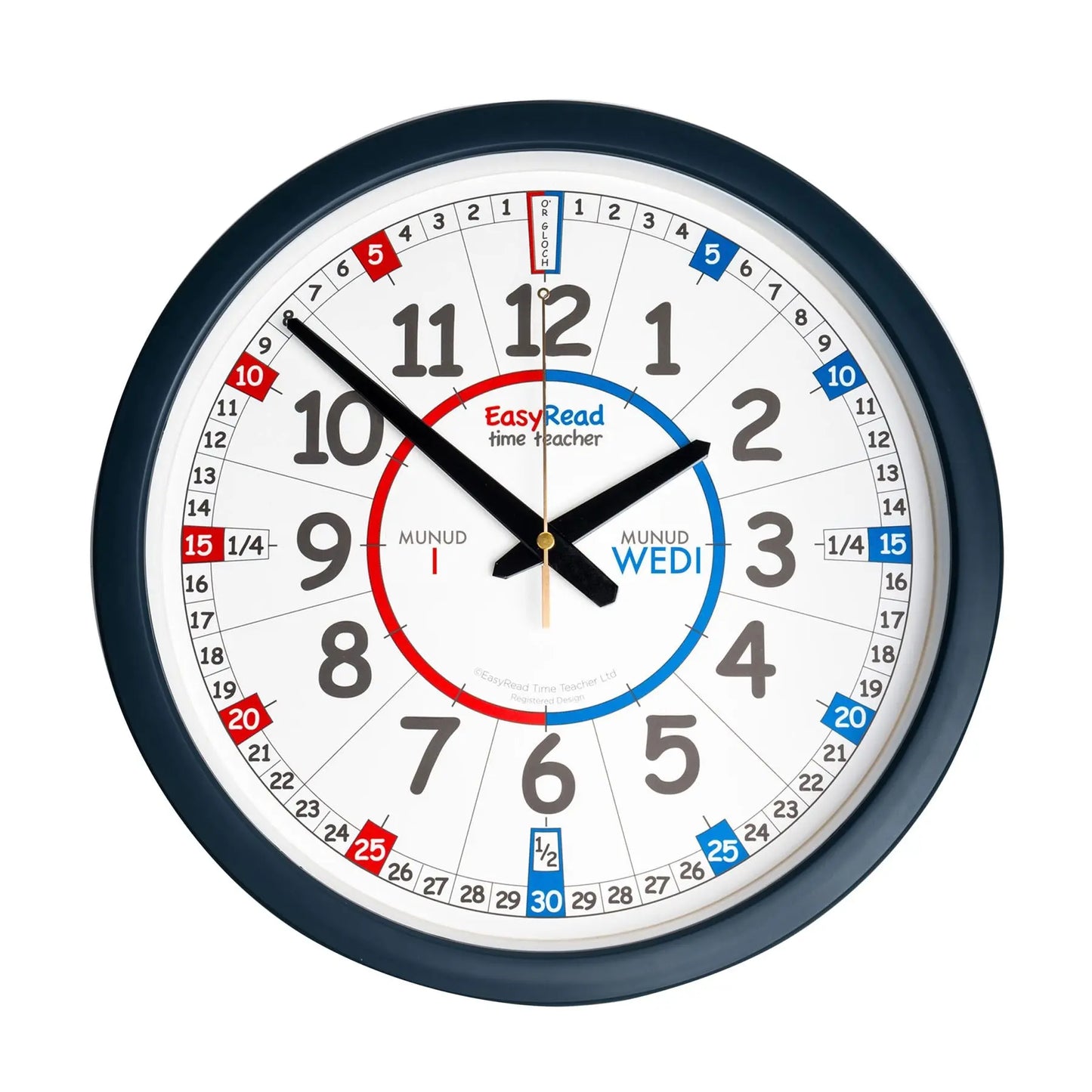 EasyRead 35cm Classroom Clocks Past & To Welsh Language (Red & Blue Face) | The Dyslexia Shop