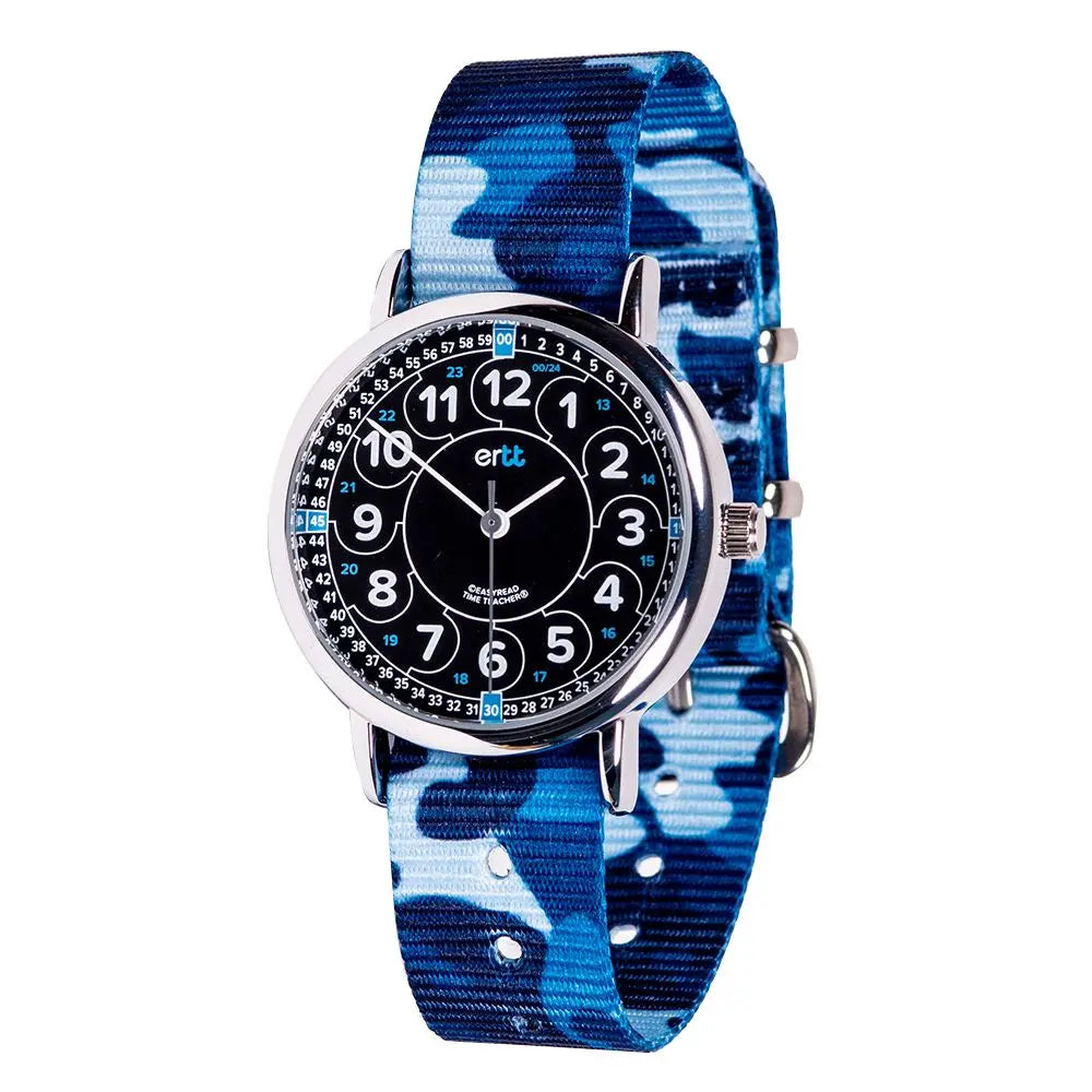 EasyRead Watch 12/24 Hour - Blue Camo Strap (Black Face) | The Dyslexia Shop