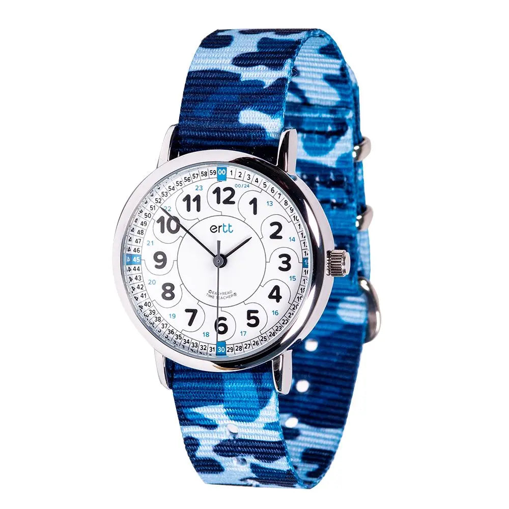 EasyRead Watch 12/24 Hour - Blue Camo Strap (White Face) | The Dyslexia Shop