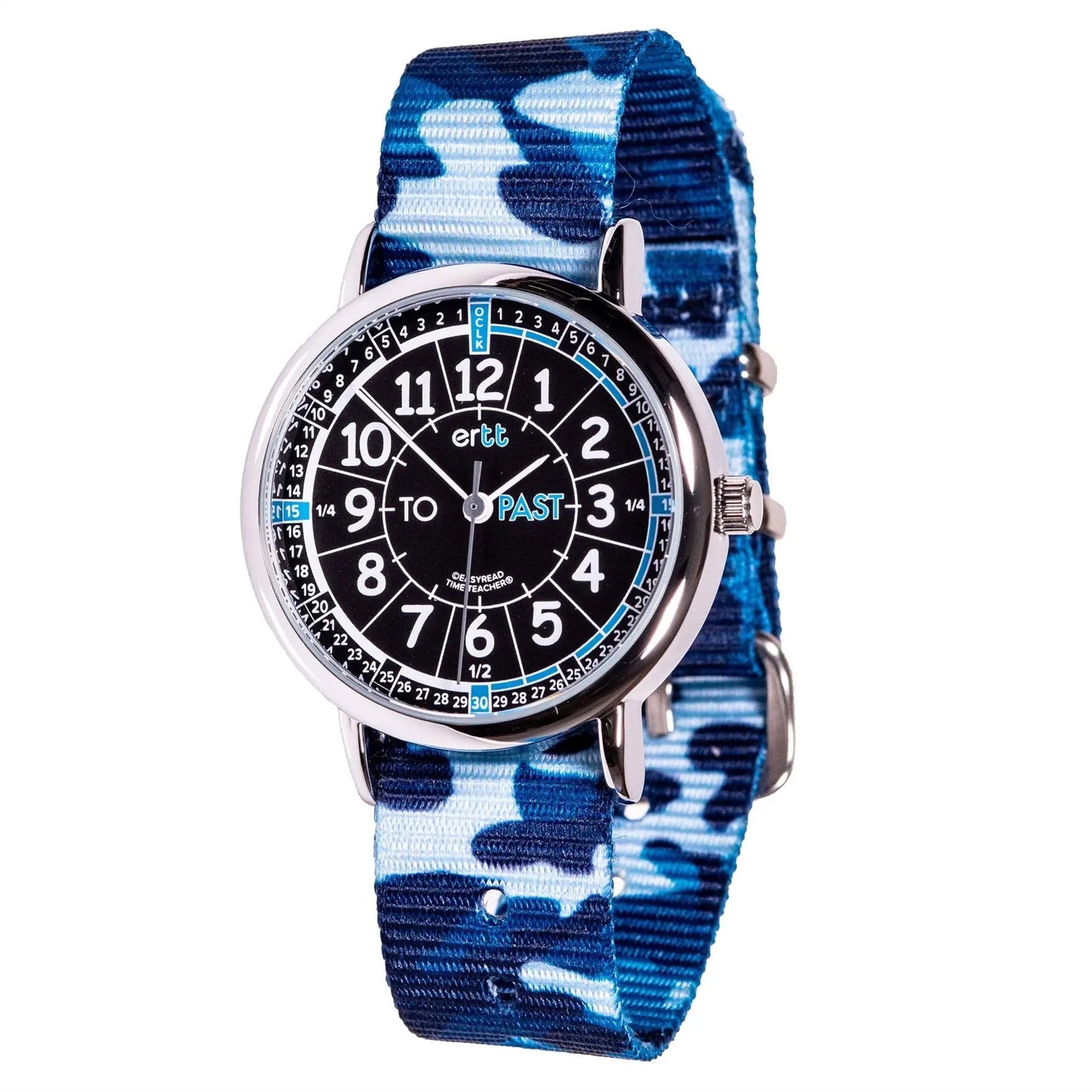 EasyRead Watch Past & To - Blue Camo Strap (Black Face) | The Dyslexia Shop