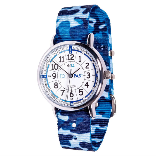 EasyRead Watch  Past & To - Blue Camo Strap (White Face) | The Dyslexia Shop