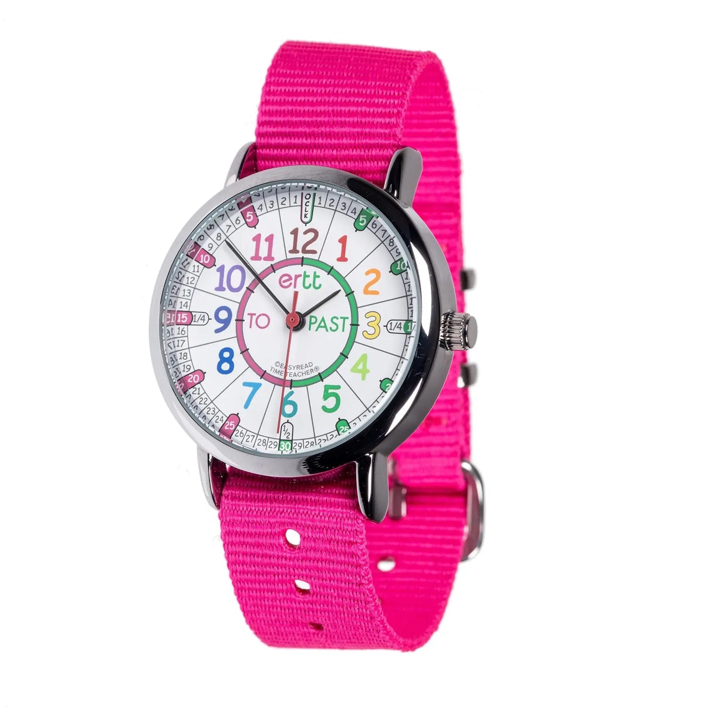 EasyRead Watch Rainbow Past & To - Pink Strap (Rainbow Face) | The Dyslexia Shop