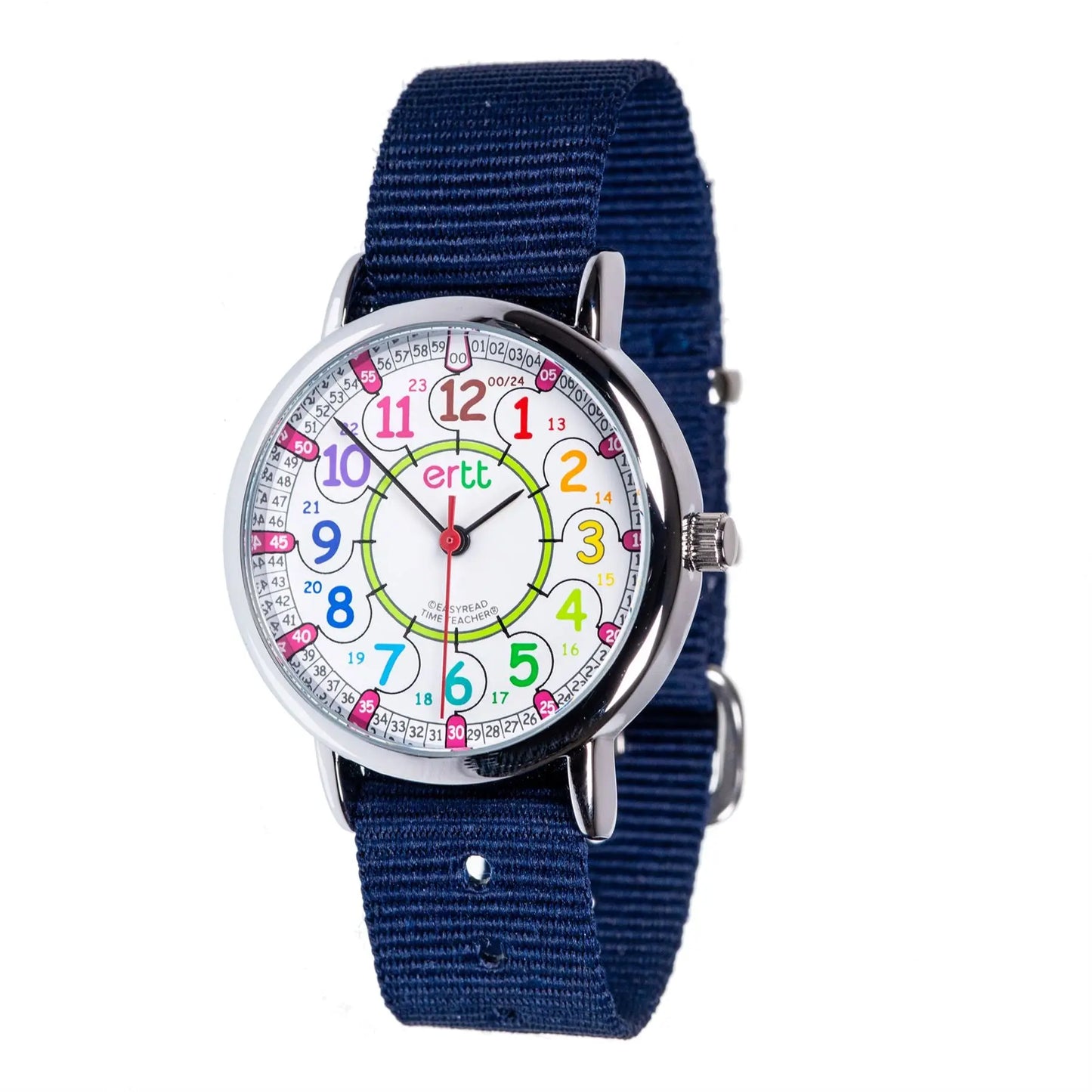 EasyRead Watch Standard 12/24 Hour - Navy Blue Strap (Rainbow Face) | The Dyslexia Shop