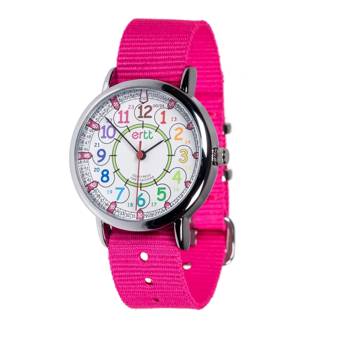 EasyRead Watch Standard 12/24 Hour - Pink Strap (Rainbow Face) | The Dyslexia Shop