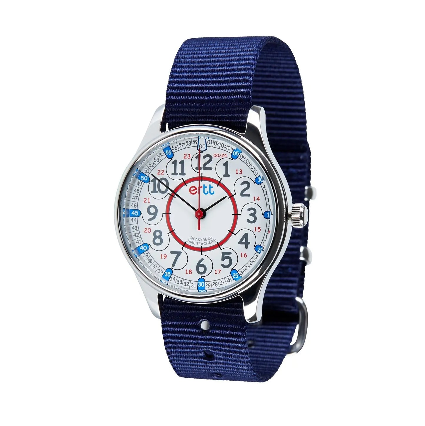EasyRead Watch Waterproof 12/24 Hour - Navy Blue Strap (Red & Blue Face) | The Dyslexia Shop