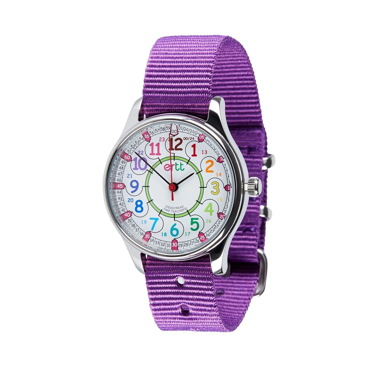 EasyRead Watch Waterproof 12/24 Hour - Purple Strap (Rainbow Face) | The Dyslexia Shop