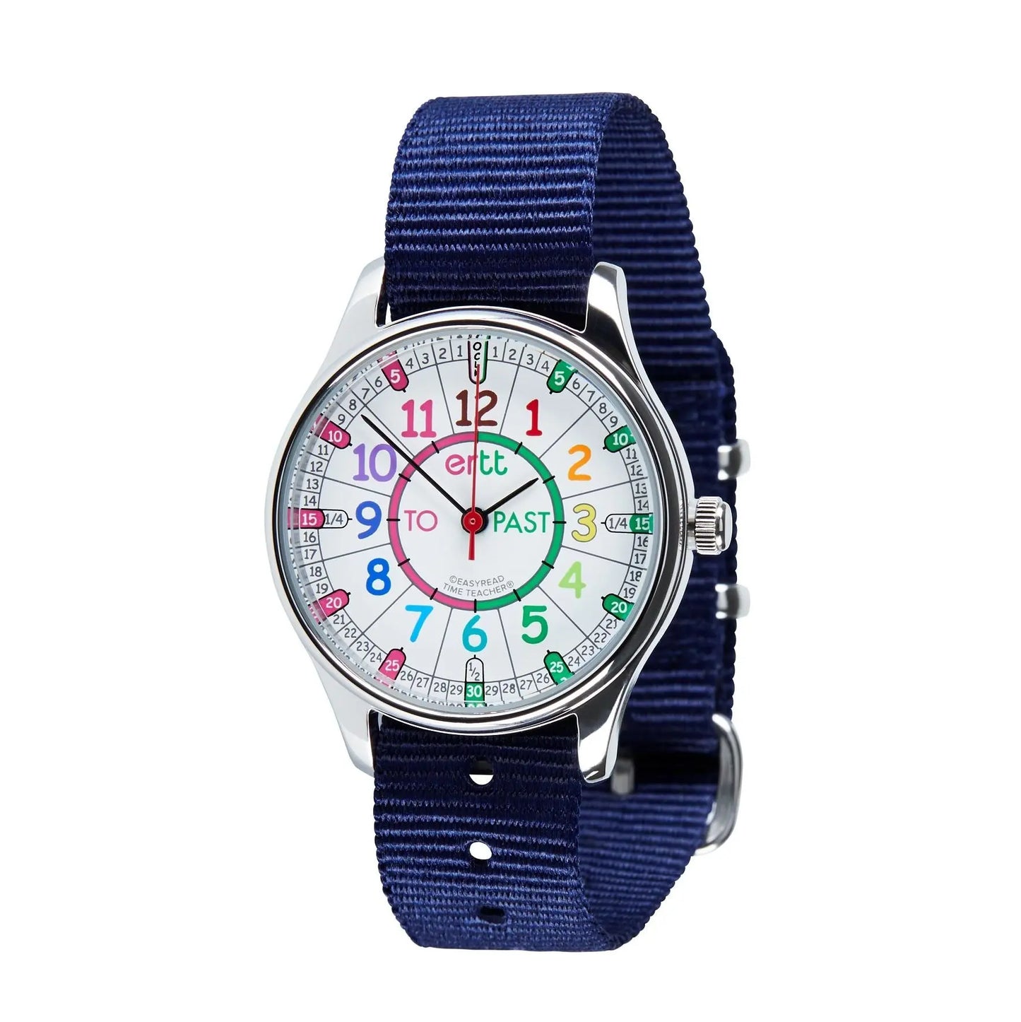 EasyRead Watch Waterproof Past & To - Navy Blue Strap (Rainbow Face) | The Dyslexia Shop