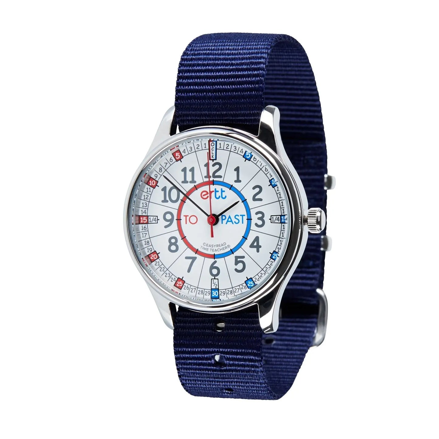 EasyRead Watch Waterproof Past & To - Navy Blue Strap (Red & Blue Face) | The Dyslexia Shop