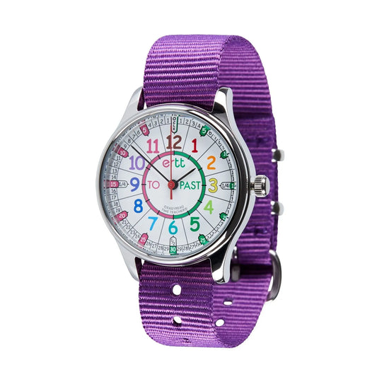 EasyRead Watch Waterproof Past & To - Purple Strap (Rainbow Face) | The Dyslexia Shop