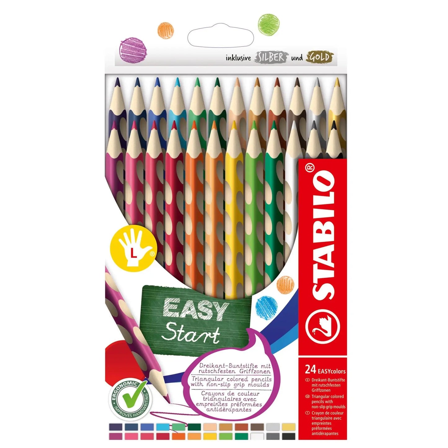 Ergonomic Colouring Pencil - STABILO EASYcolors - Left-Handed - Pack of 24 - Assorted Colours with Sharpener | The Dyslexia Shop