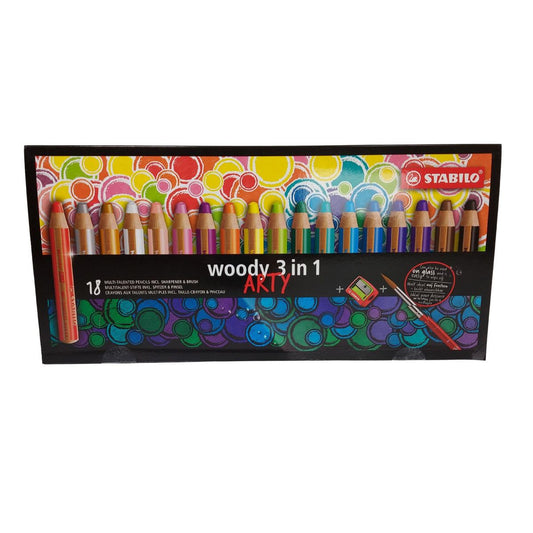 STABILO woody 3 in 1 - ARTY - Pack of 18 - Assorted Colours with Sharpener and Paint Brush