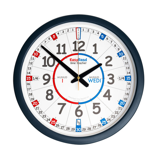 EasyRead 35cm Classroom Clocks Past & To Welsh Language (Red & Blue Face)