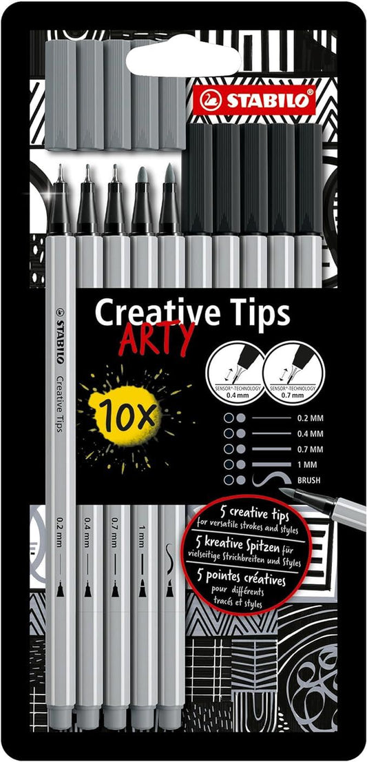 Multi-Tip Pen Set - STABILO Creative Tips - ARTY - Pack of 10 - Black and Light Grey