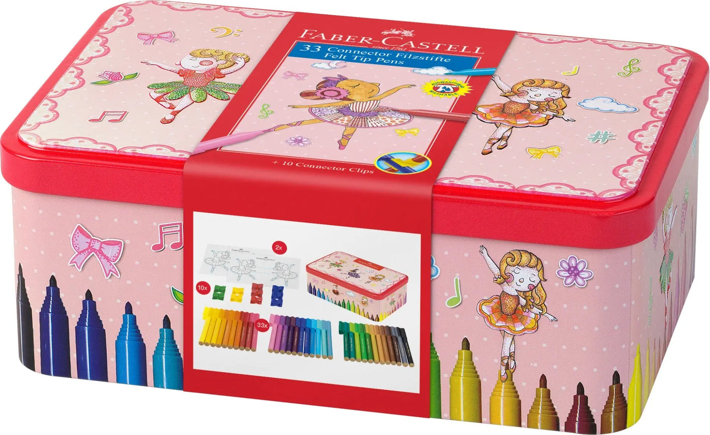 Faber-Castell 33 Felt Tip Pen Ballerina Tin with Connector Clips | The Dyslexia Shop