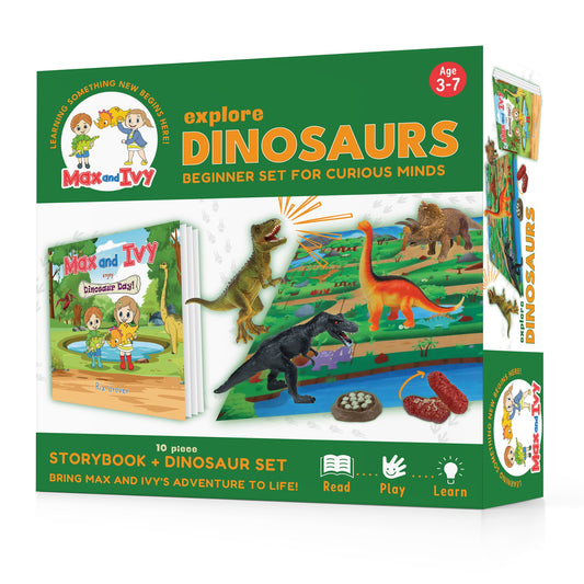 Max and Ivy Explore Dinosaurs – Read, Play, Learn Story and Dinosaur Figure Set