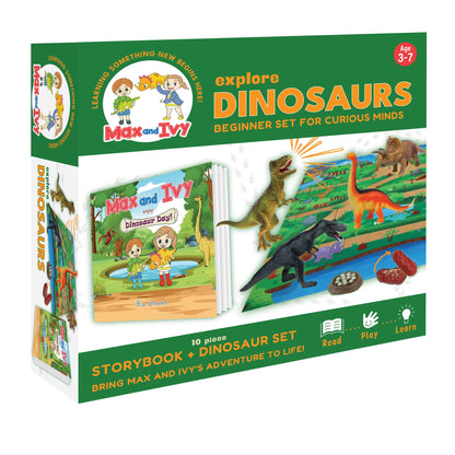 Max and Ivy Explore Dinosaurs – Read, Play, Learn Story and Dinosaur Figure Set