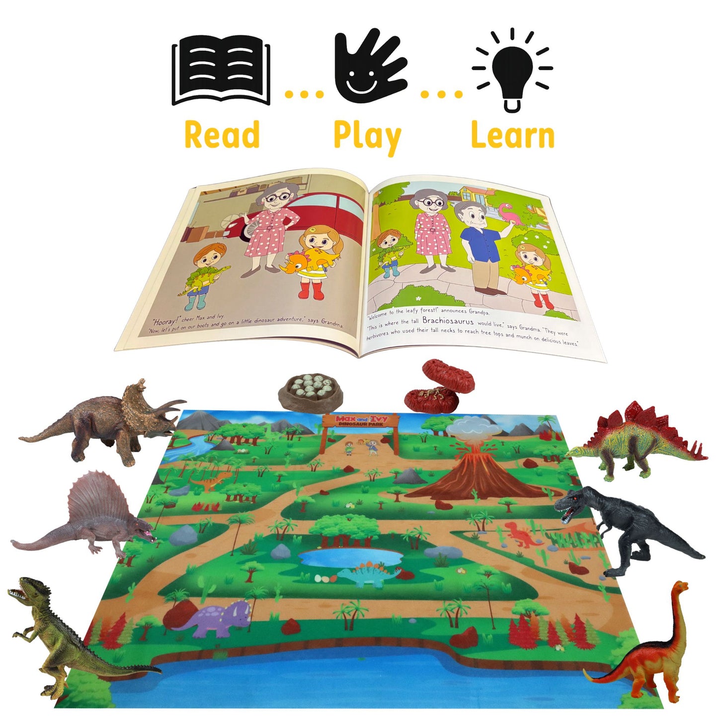 Max and Ivy Explore Dinosaurs – Read, Play, Learn Story and Dinosaur Figure Set