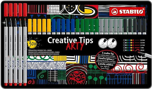 Multi-Tip Pen Set - STABILO Creative Tips - ARTY - Tin of 30 - CLASSIC - Assorted Colours