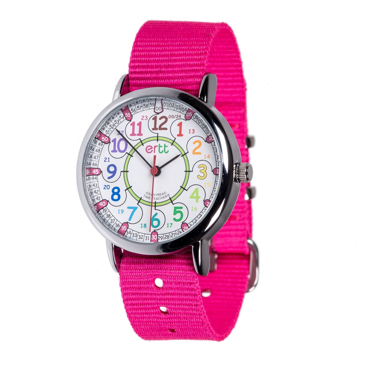 EasyRead Watch  Standard 12/24 Hour - Pink Strap (Rainbow Face)