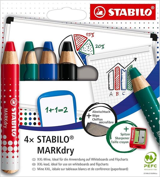 Stabilo MARKdry - Whiteboard and Flipchart Markers - Assorted + Sharpener + Wiping Cloth