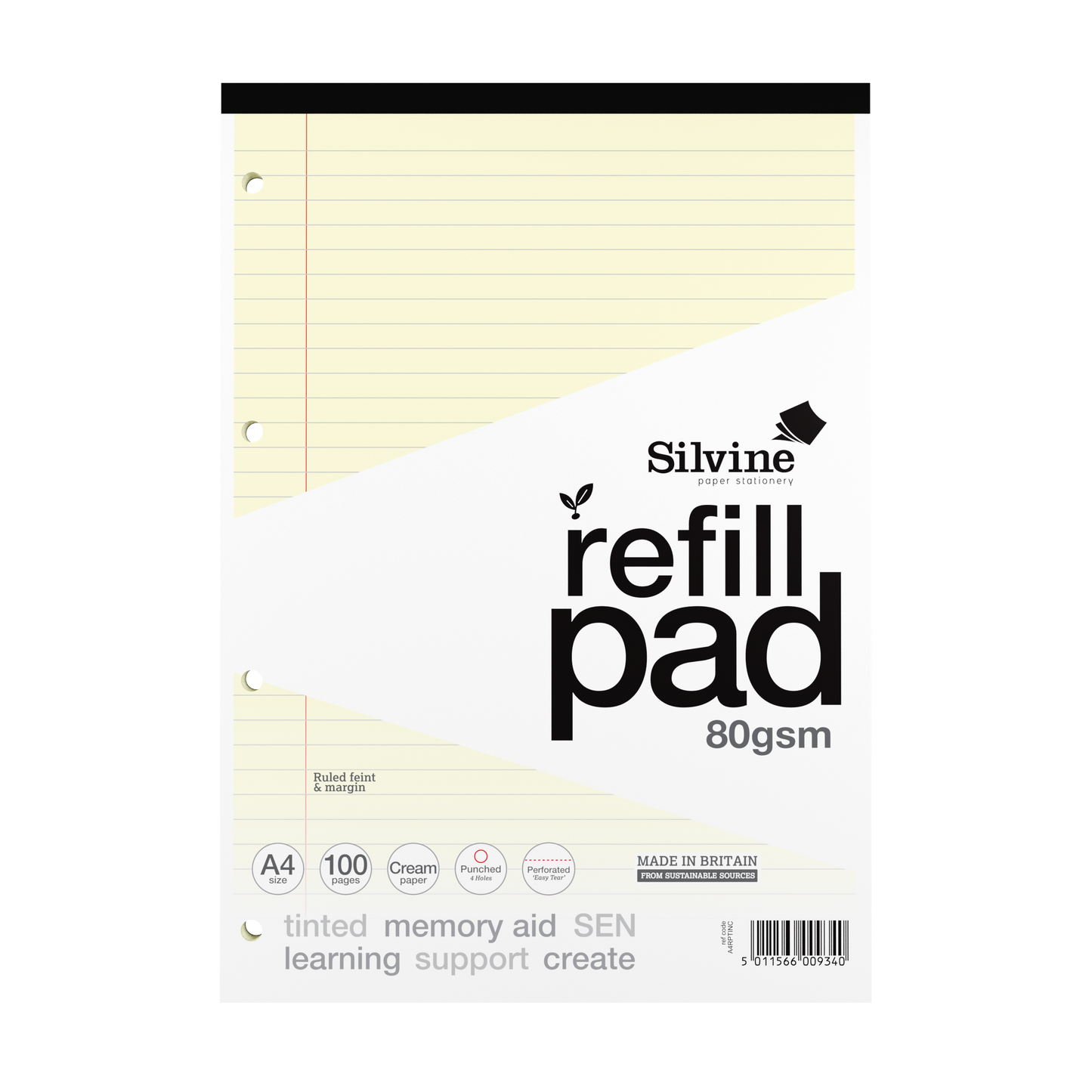 Silvine A4 Tinted Paper Dyslexia Refill Pad - Lined with Margin