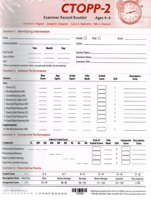 CTOPP-2: Examiner record Form for Ages 4-6 (25)