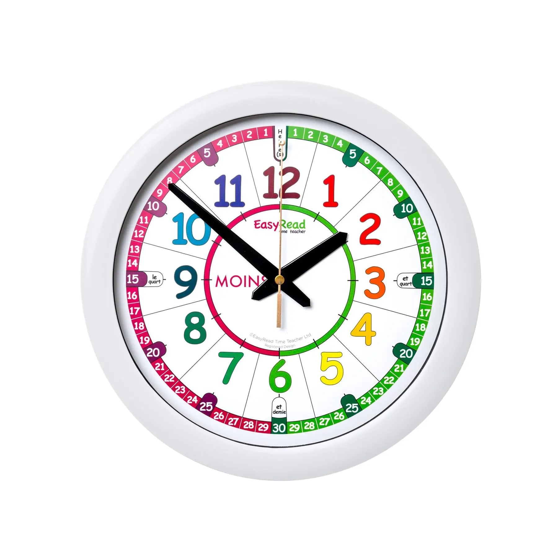 EasyRead 29cm Wall Clocks Past & To French Language (Rainbow Face) | The Dyslexia Shop