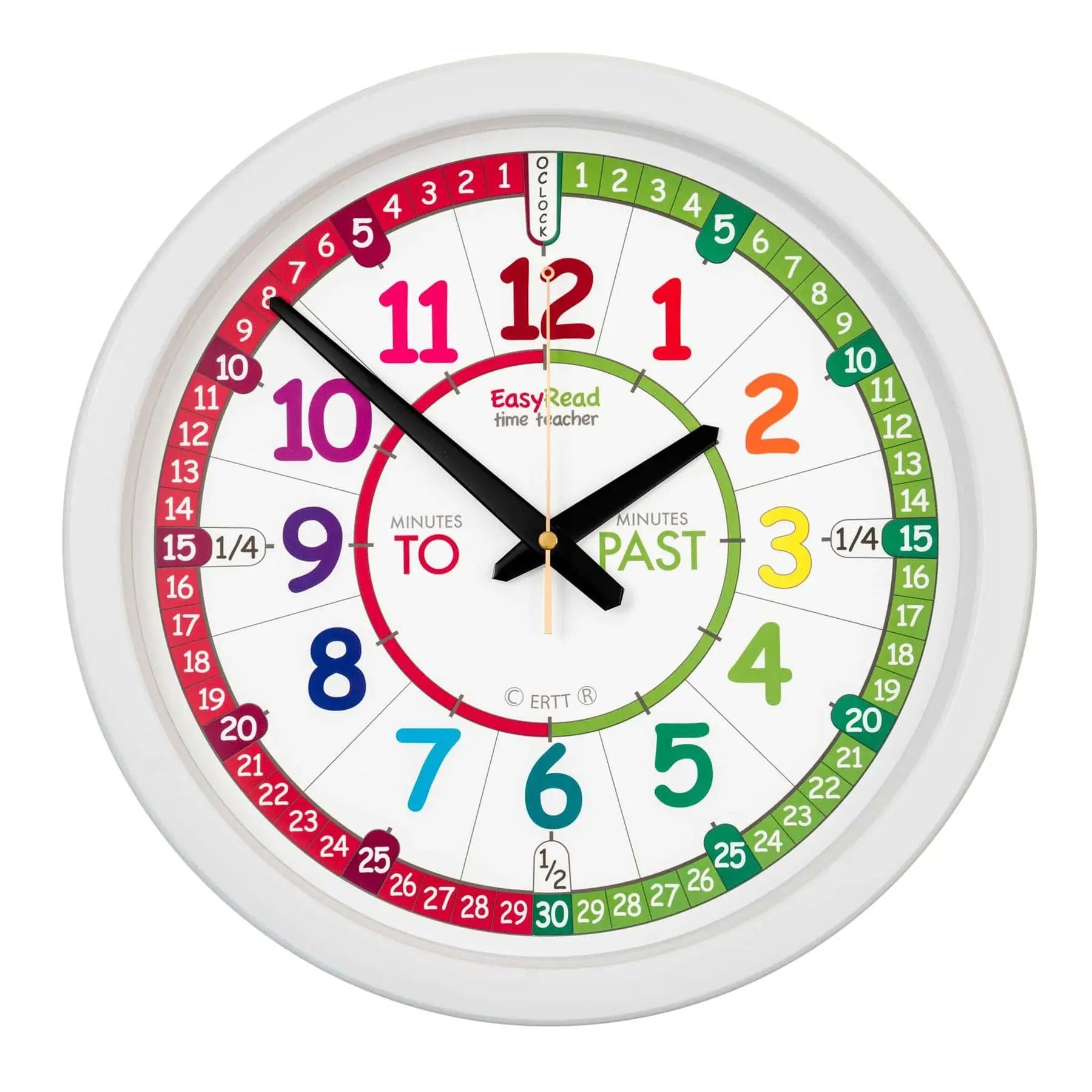 EasyRead 35cm Classroom Clocks Past & To English Language (Rainbow Face) | The Dyslexia Shop