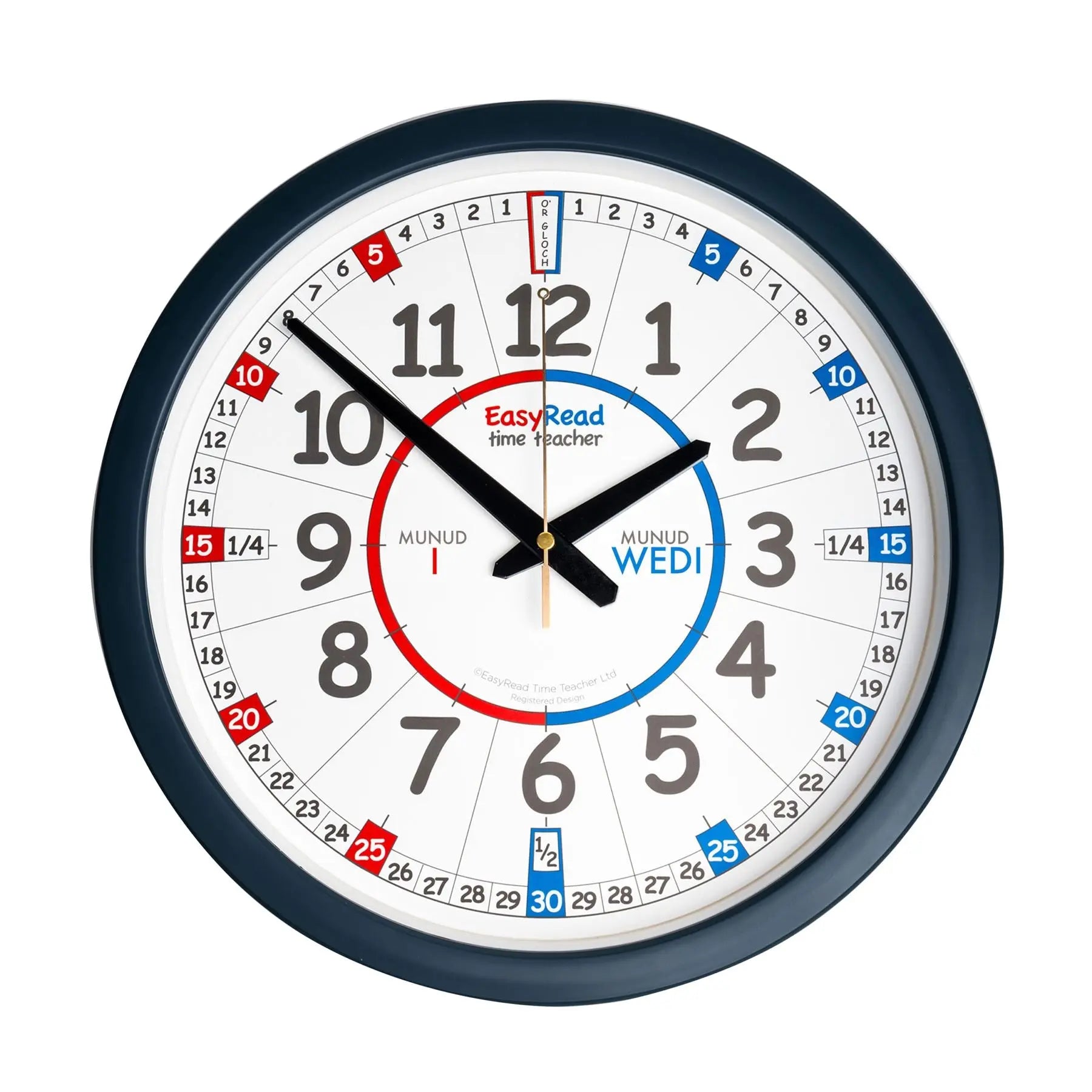 EasyRead 35cm Classroom Clocks Past & To Welsh Language (Red & Blue Face) | The Dyslexia Shop