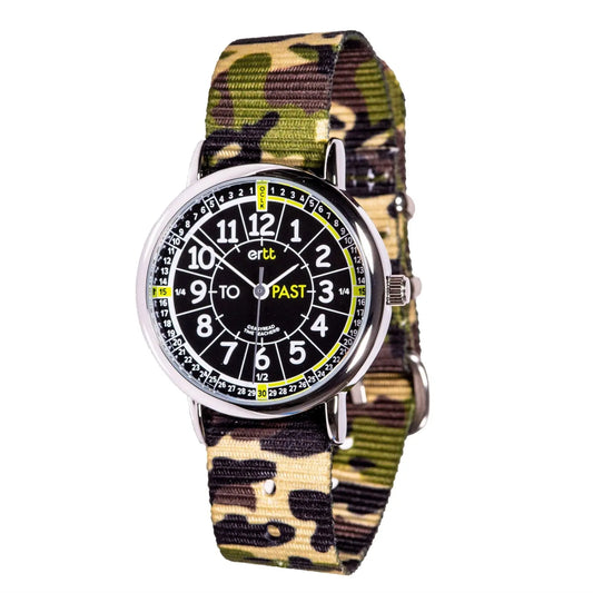 EasyRead Watch Past & To - Green Camo Strap (Black Face) | The Dyslexia Shop
