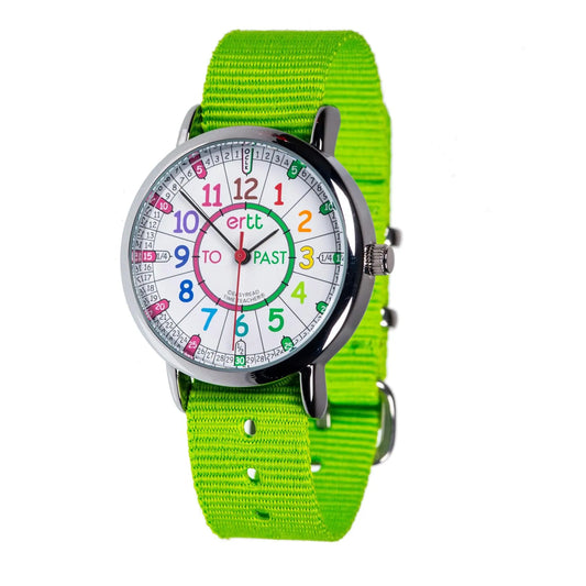 EasyRead Watch Rainbow Past & To  - Lime strap   (Rainbow Face) | The Dyslexia Shop