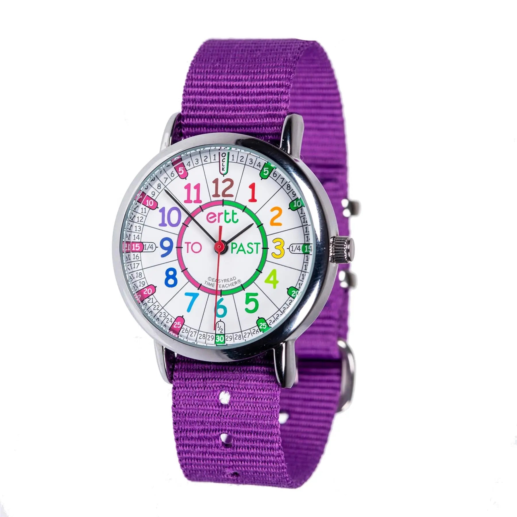 EasyRead Watch Rainbow Past & To - Purple strap  (Rainbow Face) | The Dyslexia Shop