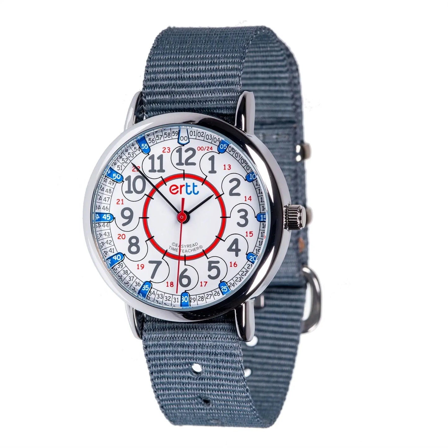 EasyRead Watch  Standard 12/24 Hour - Grey Strap (Red & Blue Face) | The Dyslexia Shop