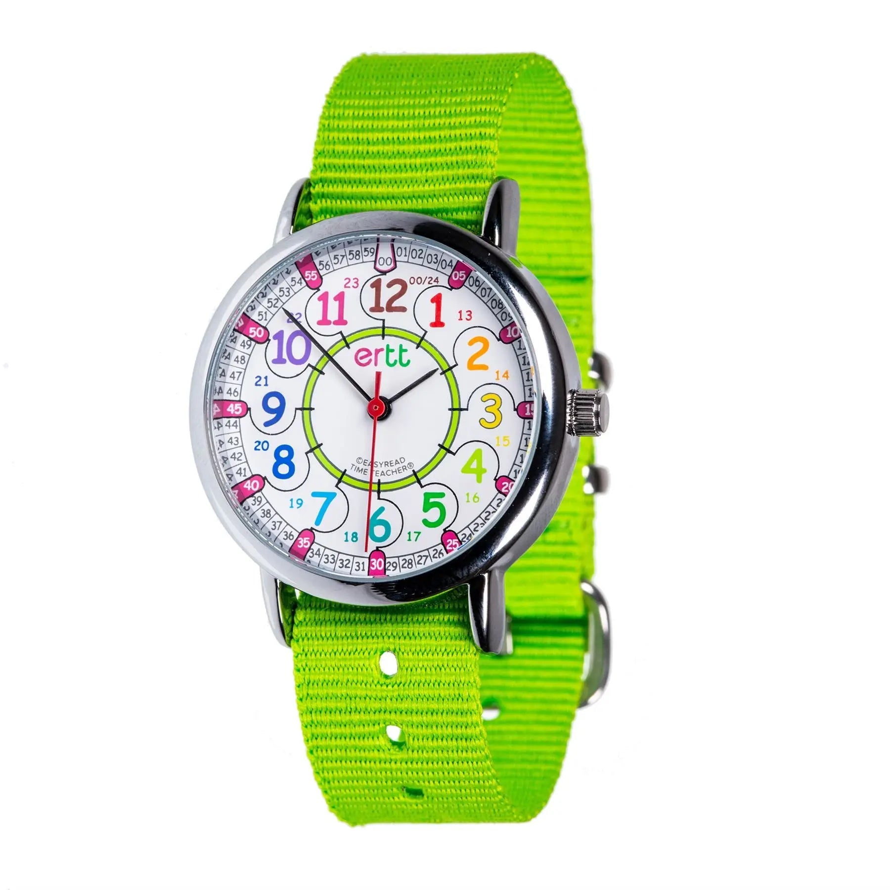 EasyRead Watch  Standard Past & To - Lime Strap (Rainbow Face) | The Dyslexia Shop