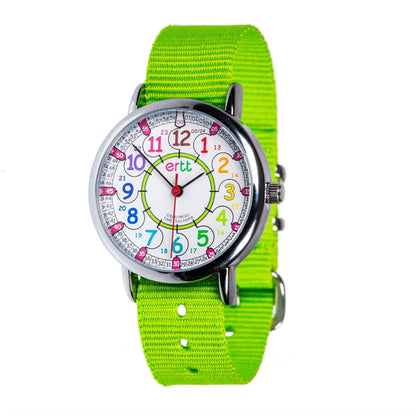 EasyRead Watch  Standard Past & To - Lime Strap (Rainbow Face) | The Dyslexia Shop