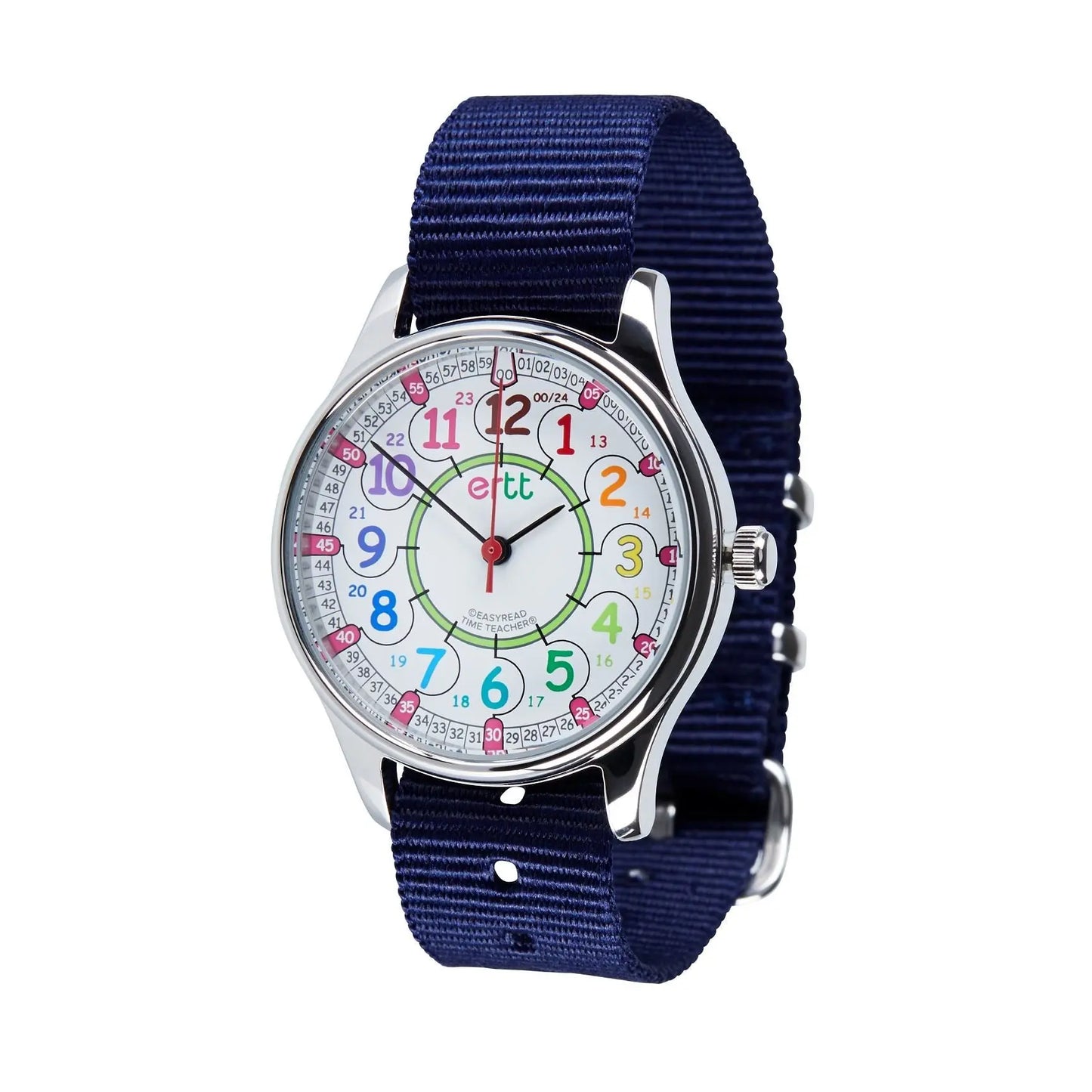 EasyRead Watch Waterproof 12/24 Hour - Navy Blue Strap (Rainbow Face) | The Dyslexia Shop