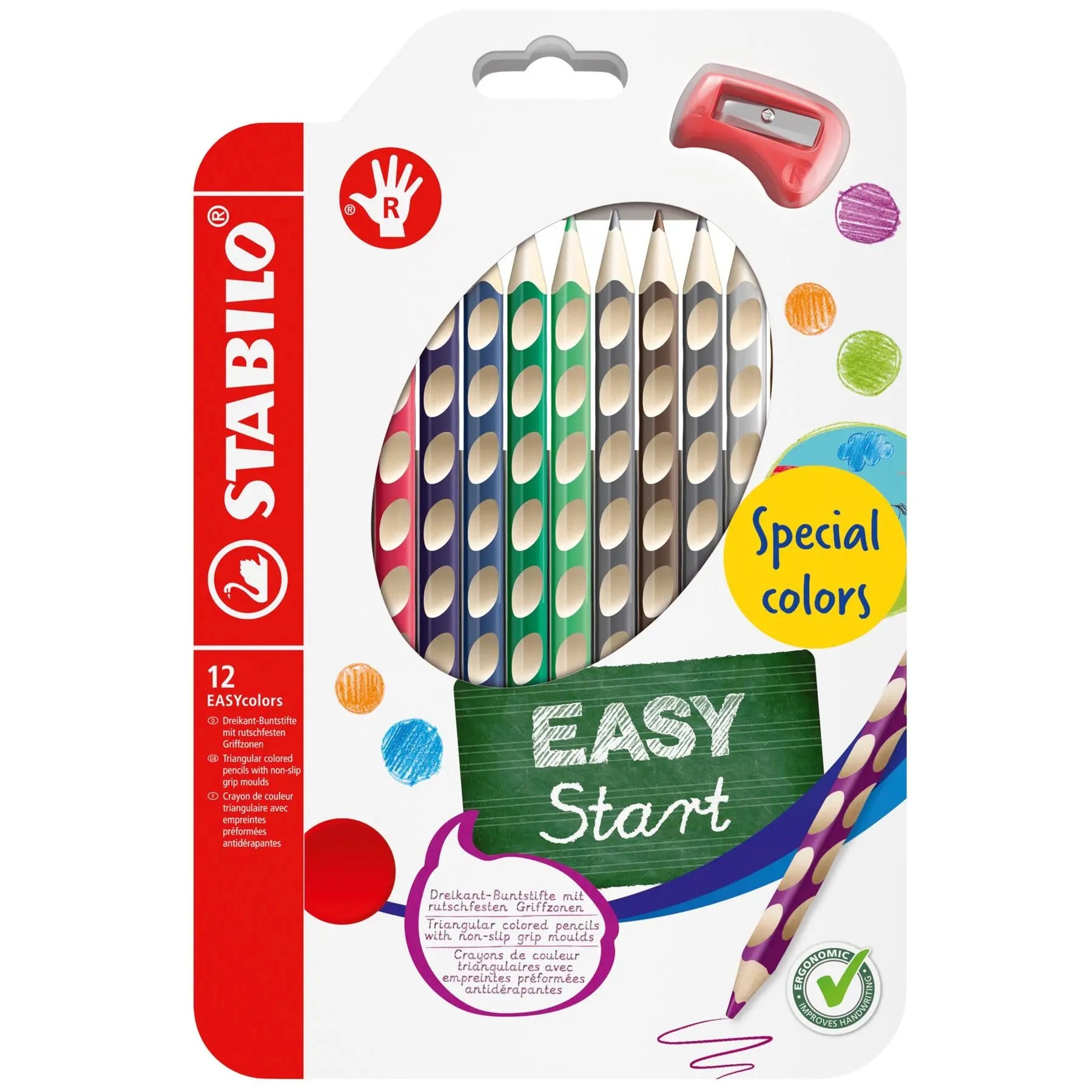 Ergonomic Colouring Pencil - STABILO EASYcolors - Right-Handed - Pack of 12 - Special Colours with Sharpener | The Dyslexia Shop