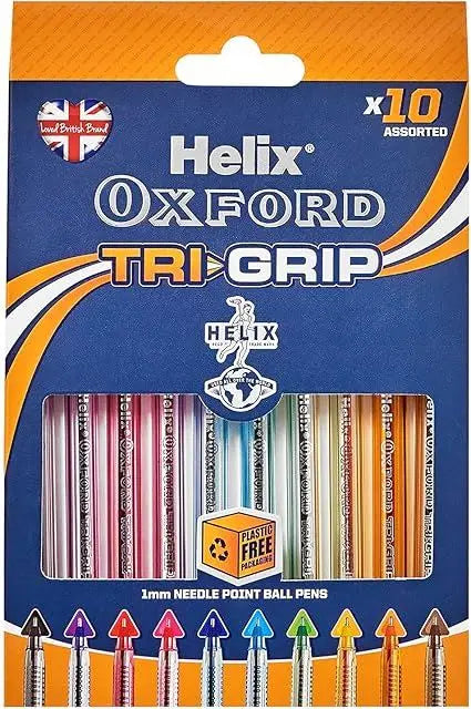 Helix Oxford Tri-Grip Ballpoint Pens – Pack of 10 Assorted Colours | Easy-Grip for Comfortable Writing | The Dyslexia Shop