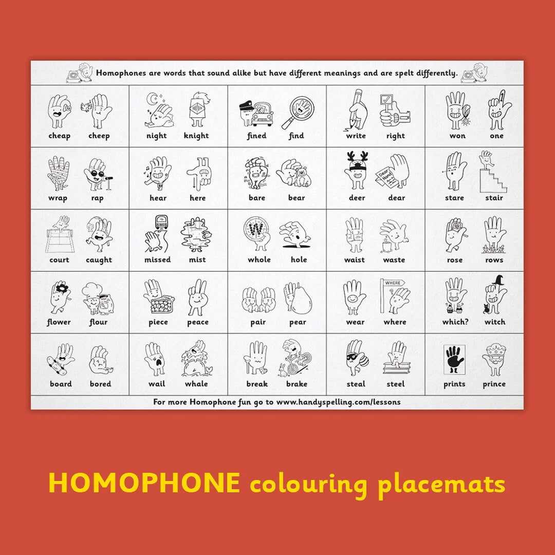 Homophone Colouring Placemats - Handy Spelling