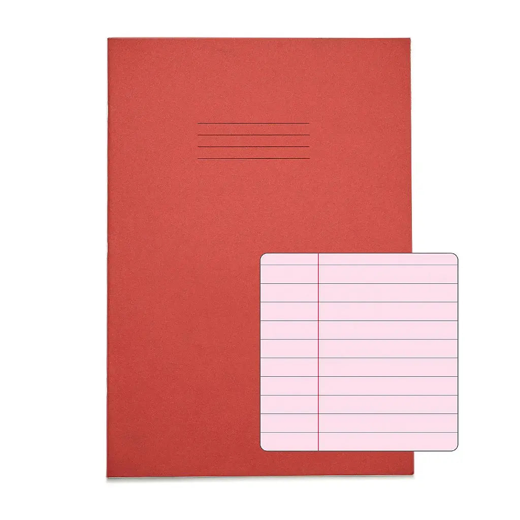 RHINO A4 Tinted Exercise Book Pink Paper - 8mm Lined + Margin | 48pg/10pk | The Dyslexia Shop