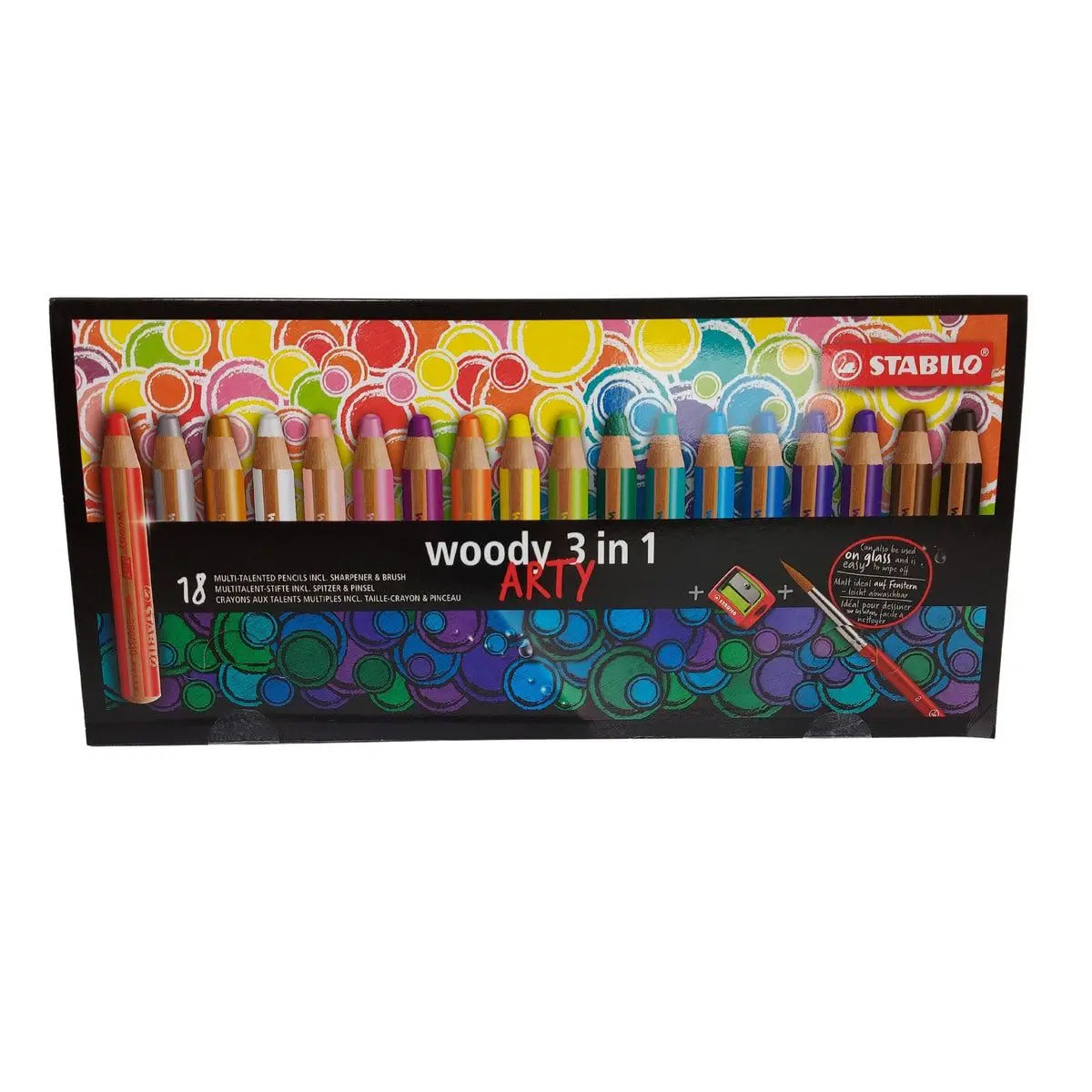 STABILO woody 3 in 1 - ARTY - Pack of 18 - Assorted Colours with Sharpener and Paint Brush | The Dyslexia Shop